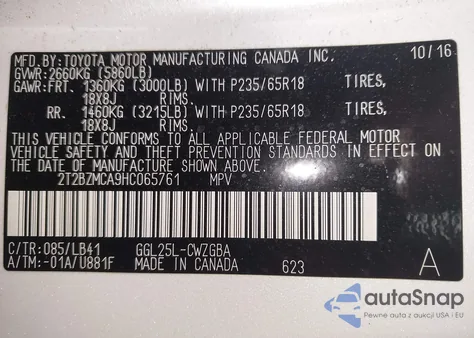 2017 Lexus Rx 350 z USA, uszkodzony, nr VIN 2T2BZMCA9HC065761